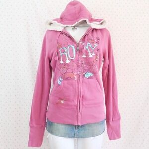 vintage y2k roxy pink sherpa lined zip hoodie surf mcbling skater jacket